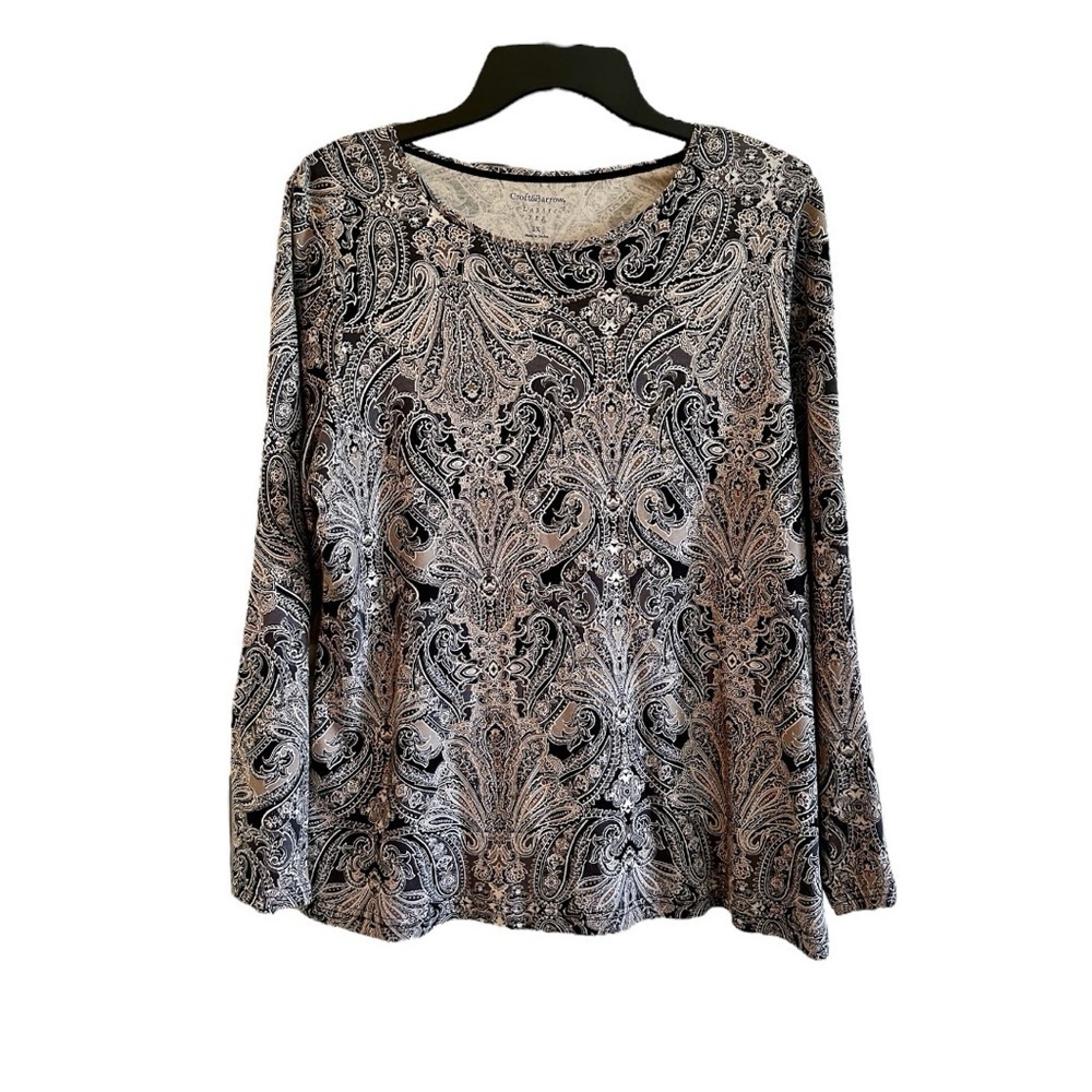 CROFT&BARROW, WOMENS LONG SLEEVE CLASSIC TEE.PAISLEY, BLACK/TAUPE COLOR.SIZE 0X